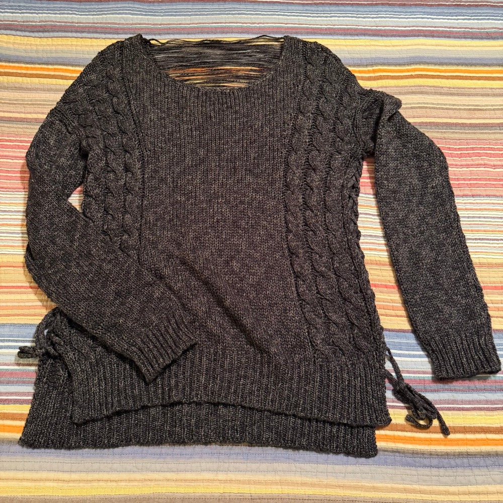 Silver Jeans‎ Co Women's Cable Knit Sweater L Gray Lace Up Sides Open Back